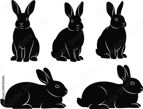 WebRabbit and bunny silhouette set, cad drawing flat vector illustration, Easter animals, sitting hares, cute forest wildlife, black pet shapes.