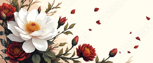 Pastel-toned floral wallpaper with embossed blossoms in rose-gold. Abstract wallpaper with pearl white lilies, glowing silver leaves. White peony wallpaper with gold and rust texture. Elegant mural de