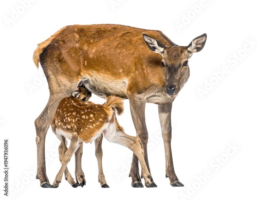 Doe nurtures its fawn, a spotted baby deer, standing together against a clean white backdrop