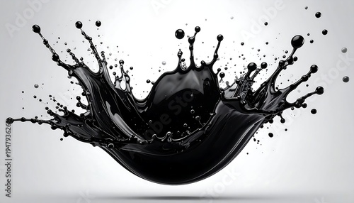 Dramatic black liquid splash, frozen in time against a bright background, creating a dynamic and visually striking effect