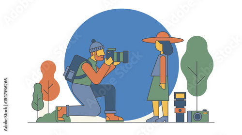 Photographer Taking Picture of a Model in Outdoor Nature Flat Vector Illustration