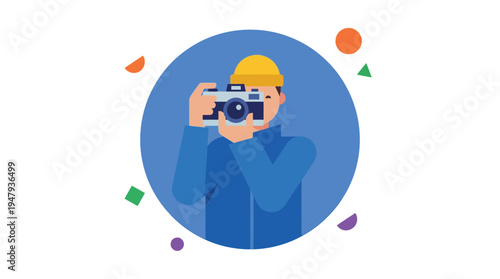 Man in yellow cap holds camera. Blue background frames the scene. Bright geometric shapes decorate the image. 