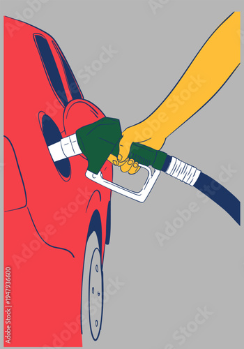 Car refueling process using a gas nozzle. Vector illustration. Minimalist style.