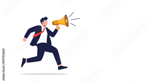 Motivated businessman in a suit running forward while shouting through a megaphone to announce news or promotions.