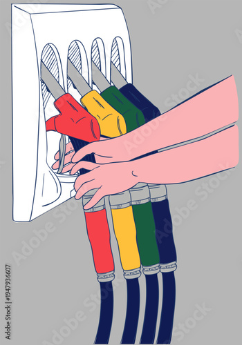 Hands reaching for a fuel nozzle. Vector illustration.