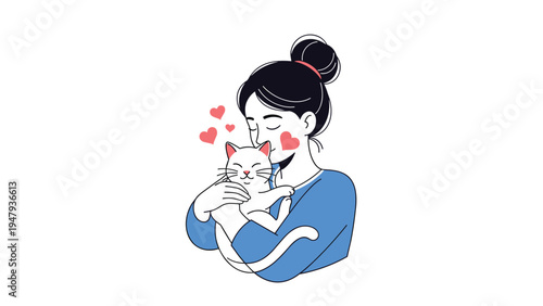 Young woman with black hair in a bun holding a white cat with pink hearts signifying pet love and companionship.