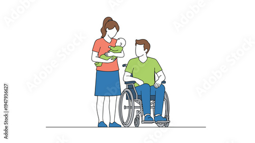 Young family standing together with the mother holding a baby and the father sitting in a wheelchair for support.