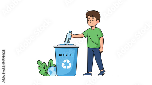 Responsible young boy putting a plastic water bottle into a blue recycling bin to help protect the environment.