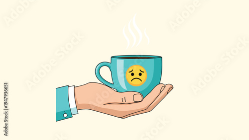 Person holding a blue coffee cup with a sad yellow emoji face on it representing morning tiredness or depression.