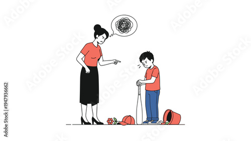 Angry mother pointing a finger and scolding her young son who looks sad after breaking some plants and flower pots.