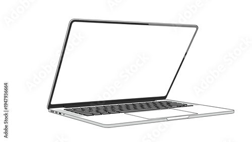 Modern slim laptop computer with an open white screen for mockup or design presentations on a blank background.