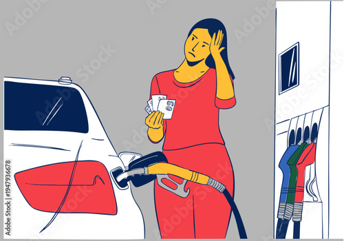 A woman refueling her car at a gas station and feeling frustrated by the high price. Vector illustration.