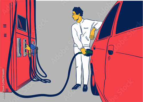 Man filling his car with fuel at a gas station. Vector illustration.