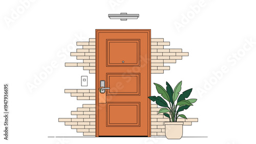 Solid orange front door with a handle and brick wall background next to a green plant in a pot for home security.