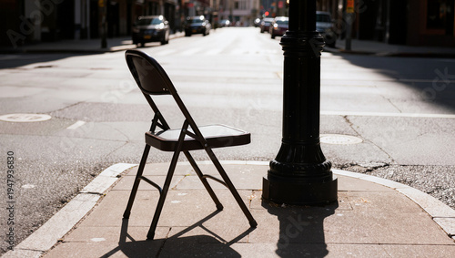 Folding chair placed on empty sidewalk next to a street lamp   