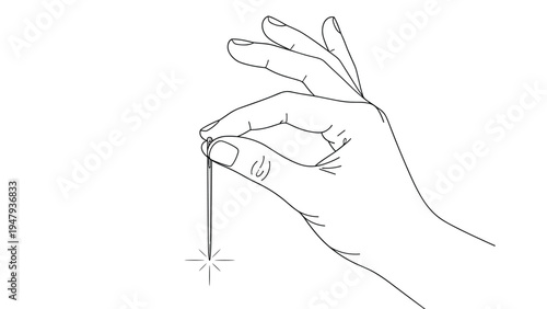 Detailed line drawing of a human hand holding a thin sewing needle with a small light reflection at the point.