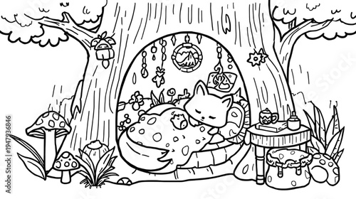 Sleeping Fox in a Cozy Tree Den in a Magical Night Forest with Hanging Ornaments