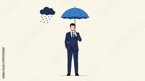 Businessman in a suit holding a blue umbrella to protect himself from a small dark rain cloud hovering above him.