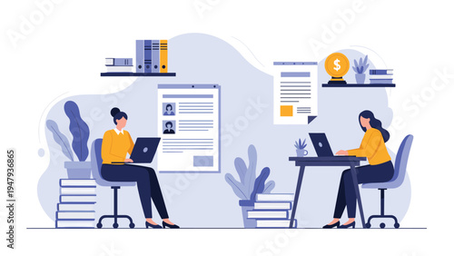 Two professional women sitting at their desks and working on laptops in a modern office with documents and plants.