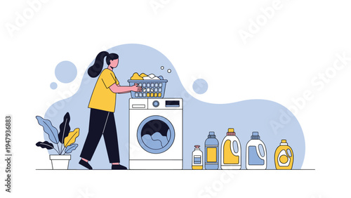 Young woman carrying a basket of dirty laundry and standing next to a washing machine with detergent bottles.