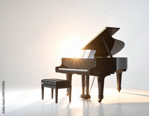 Elegant, glossy black grand piano with stool, bathed in warm light against a clean, bright background