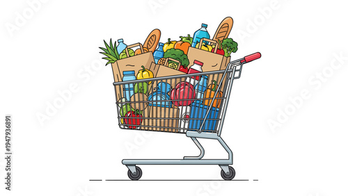 Metal shopping cart filled with various healthy grocery items including vegetables fruits and bread in paper bags.