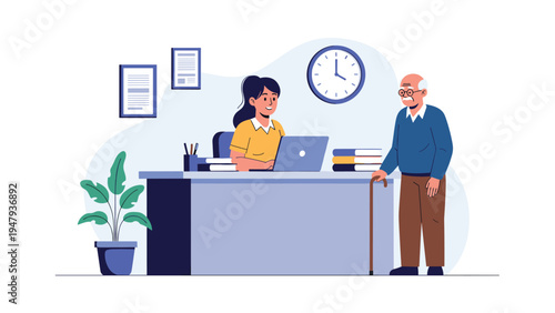 Senior man with a walking cane standing at a reception desk and talking to a young woman clerk in a modern office.