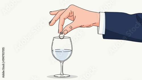 Person holding a gold diamond ring and about to drop it into a glass of white wine as a surprise proposal.