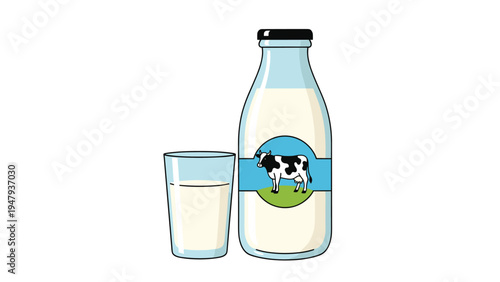 Bottle and glass of fresh organic milk featuring a cow icon on the label, promoting healthy dairy consumption and nutrition.