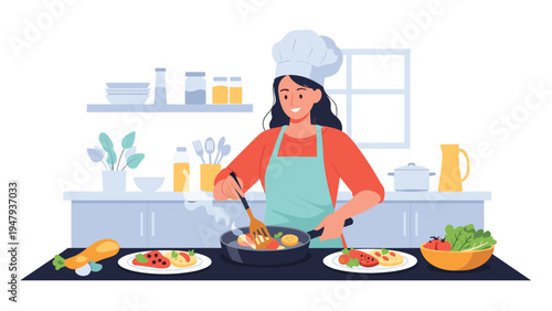 Professional female chef in a white hat and apron preparing a delicious meal in a modern and well-equipped home kitchen setting.