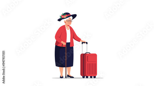 Senior woman with a floral hat and glasses standing with a red suitcase and walking cane, ready for her next travel adventure.