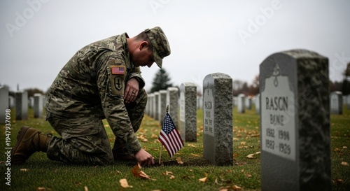Soldier places flag at gravesite in cemetery
