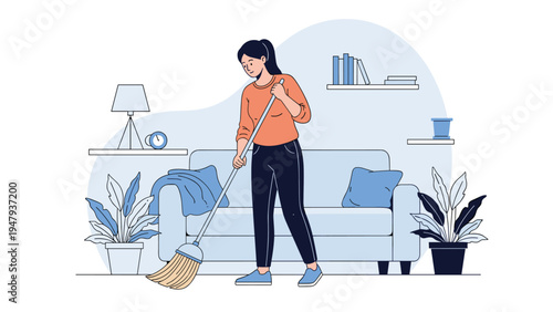 Young woman cleaning her bright living room by sweeping the floor with a broom near a comfortable couch and indoor house plants.