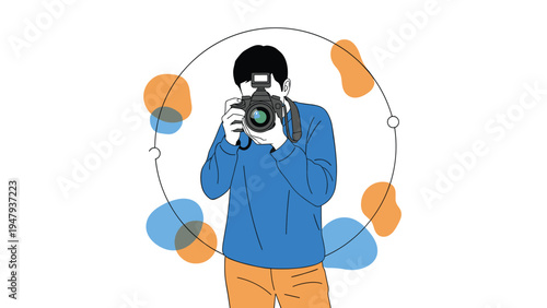 Professional male photographer holding a digital camera up to his face, ready to capture a high-quality picture in a creative studio.