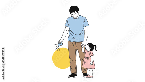 Father using a smartphone while his young daughter holds his hand and looks up at him, depicting modern parenting in a digital age.