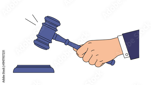 Human hand holding a wooden judge gavel about to strike the sound block, representing the law, justice system, and legal authority.