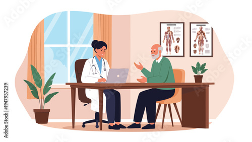 Professional female doctor in a white coat consulting with an elderly male patient in a clean and modern medical office setting.