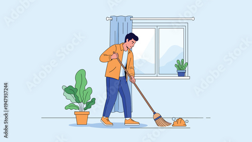 Young man in a yellow shirt sweeping the floor with a traditional wooden broom near a window and a green indoor house plant.