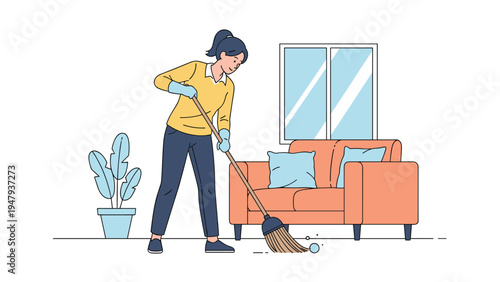 Young woman wearing blue gloves and a yellow sweater sweeping the floor with a broom in a cozy living room with a comfortable sofa.