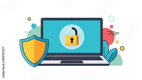 Laptop computer featuring a secure lock icon and a protective golden shield, representing cyber security and private data safety.