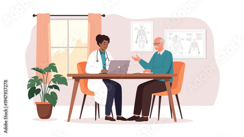 Compassionate female doctor discussing medical results with an elderly man at a wooden desk in a modern and professional clinic.