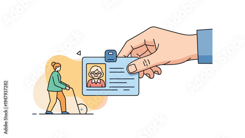 Human hand holding a identification card featuring a portrait of an elderly woman, with the actual person walking in the background.