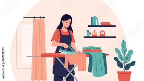 Young woman in an apron focused on ironing a orange shirt on an ironing board in a domestic and tidy laundry room setting.