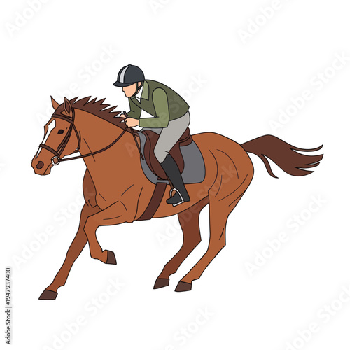 Jockey Riding Brown Horse in Action.