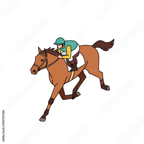 Jockey Riding Brown Horse at Full Gallop.