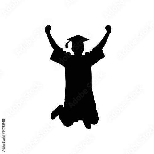 Graduate in cap and gown jumping.