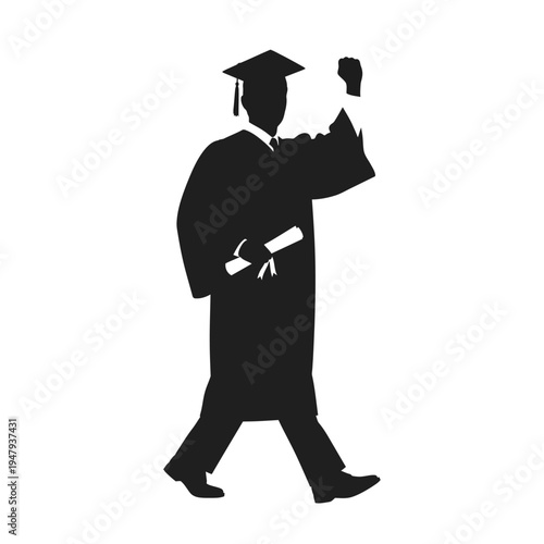 Graduate in cap and gown walking.