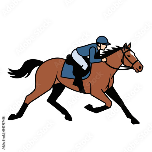 Jockey Riding Brown Horse in Motion.