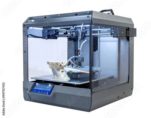 Enclosed 3D printer producing a white object, lit by built-in lights, against a bright white background for clear detail