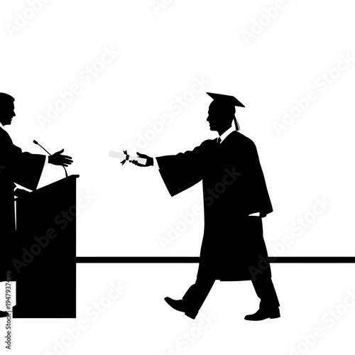 Graduate receiving diploma from professor.